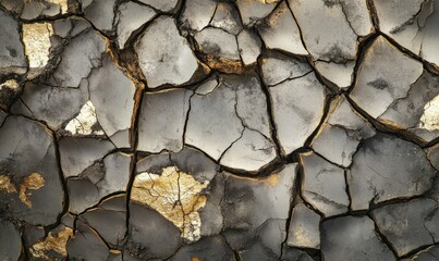 Wall Mural - Patterns of dried mud forming a cracked mosaic, textures shifting from soft to jagged, earthy tones with vivid golden accents, raw and organic, .