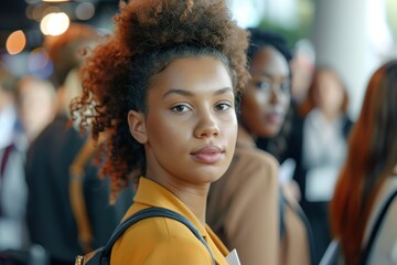 Aufkleber - Young woman with curly hair looks confidently at the camera while attending a networking event