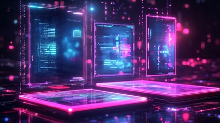 Wall Mural - Futuristic holographic displays with digital data.