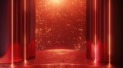Poster - Red background, Chinese New Year atmosphere, red and gold color scheme, symmetrical composition, linear light effects.