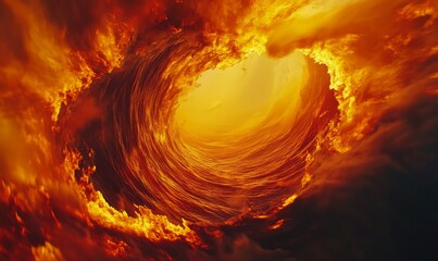 Wall Mural - Whirling flames engulfing an abstract vortex, vibrant orange, red, and yellow hues blending seamlessly into blackened edges, fiery intensity, .