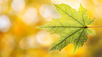 Canvas Print - Dew-covered maple leaf with bokeh background.