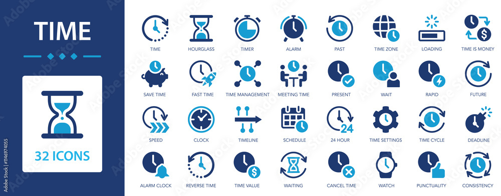 Time icon set. Time management and tracking. Alarm, timer, schedule ...
