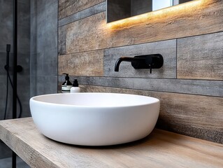 A white sink sitting on top of a wooden counter