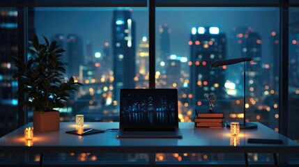 Aufkleber - Minimalist penthouse workspace at night with city view and notebook on a sleek and clean white working table.