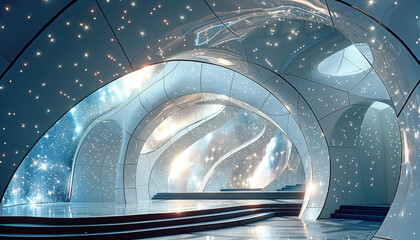 Poster - An interstellar inspired performance stage that is artistic futuristic and offbeat. The stage is in an indoor ballroom.