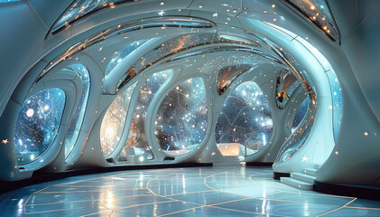 Poster - An interstellar inspired performance stage that is artistic futuristic and offbeat. The stage is in an indoor ballroom.