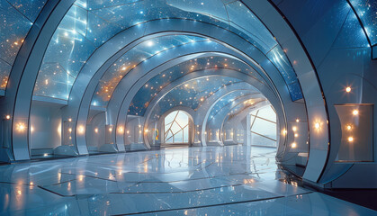 Poster - An interstellar inspired performance stage that is artistic futuristic and offbeat. The stage is in an indoor ballroom.