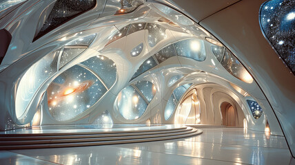 Poster - An interstellar inspired performance stage that is artistic futuristic and offbeat. The stage is in an indoor ballroom.