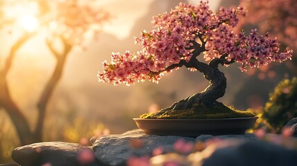 Canvas Print - Pink blossom bonsai tree at sunrise on rocks.