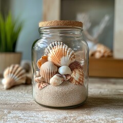 Wall Mural - a jar filled with shells and sand. the jar is made of glass and has a cork lid
