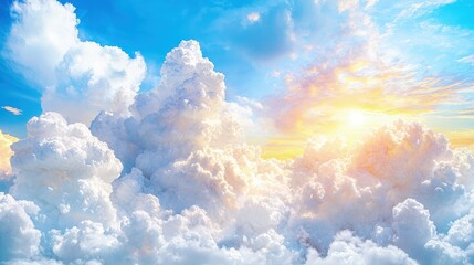 Wall Mural - Heavenly sunrise above fluffy cumulus clouds.