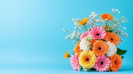 Wall Mural - Colorful gerbera daisy bouquet on blue background.