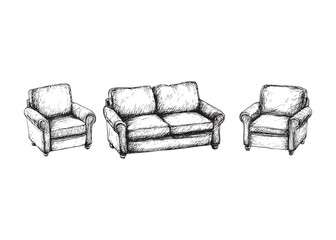 Sofa two armchairs vector illustrations - hand drawn sofa two armchairs - black and white sofa two armchairs isolated on white background