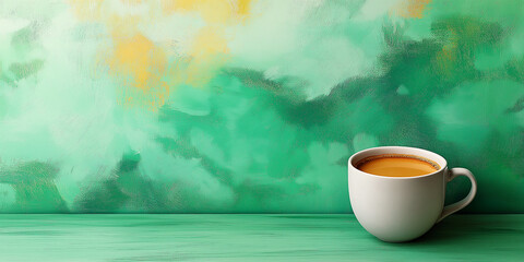 A minimalist abstract background featuring a white coffee mug filled with coffee, set against a textured green backdrop