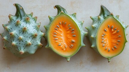 Canvas Print - A minimalistic arrangement of sliced kiwano horned melon, showcasing its vibrant orange flesh and unique spiky exterior