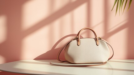 Wall Mural - Close-up of a luxury handbag displayed on a table against a soft pink wall with shadows and a hint of greenery