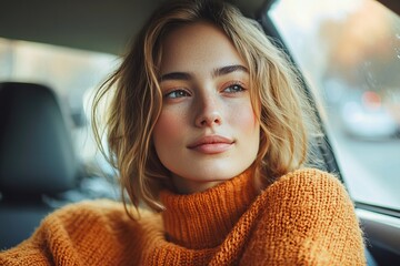 Poster - A young woman with wavy hair wearing an orange sweater, sitting in a car and gazing thoughtfully out the window