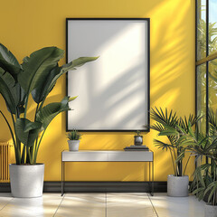Poster - an A4 vertical frame with white canvas, The frame is black angular on pearl yellow wall, metallic console, porcelain floor, modern potted plants.