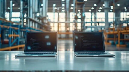 Canvas Print - Two laptops on a table, in the background industry facility blurred.