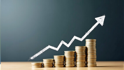 A chalkboard with a graph showing an upward trend, with coins stacked at the base, symbolizing financial growth