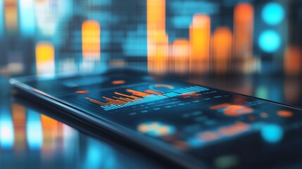 Application of Smartphone with business graph and analytics data on isometric mobile phone. Analysis trends and software development coding process concept. Programming, testing cross platform code