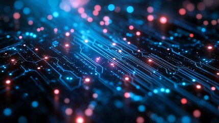 A computer chip with a blue and red pattern of lights