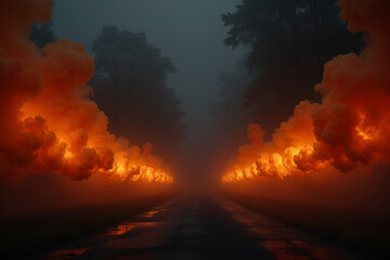 Wall Mural - gloomy background with orange neon smoke spreading from both sides