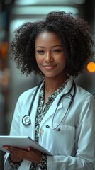 Wall Mural - Confident female doctor with tablet and stethoscope in a modern setting