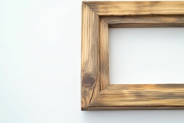 Rustic wooden frame, empty, light background.