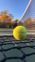 Wall Mural - Yellow tennis ball caught in blue net at a tennis court during a sunny afternoon with blurred background of