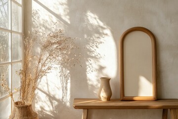 Sticker - Sunlit room, wooden bench, vase, dried flowers, frame.