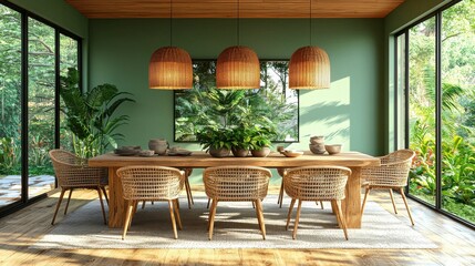 Wall Mural - A beautifully designed dining room featuring earthy tones, large windows, and lush greenery, promoting a connection to nature and wellness.