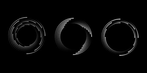 Wall Mural - Set of white dotted vortex shapes. Geometric art. Circle form. Trendy design element for logo, tattoo, sign, symbol, web, prints, posters, social media, template, pattern, abstract backdrop