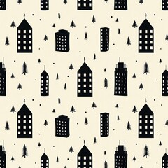 Aufkleber - Unique black and white pattern showcasing buildings and trees in a whimsical design. Generative AI