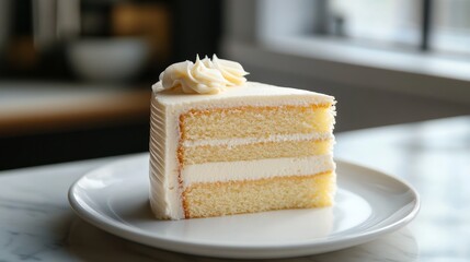 A close-up of a vanilla layer cake slice with cream frosting, beautifully presented on a white plate in a bright kitchen.