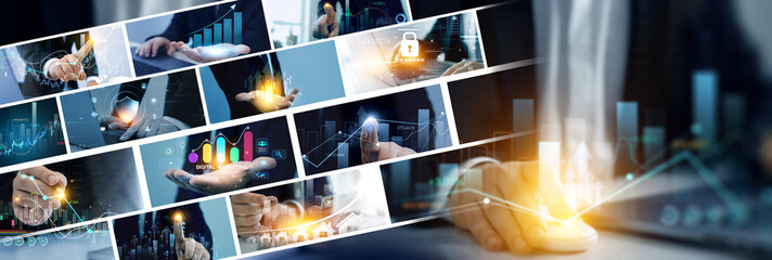 Leinwandbilder - Data analysis of financial economy business. Business investment and development collage banner.Investment analysis and planning  strategy.Data analytic and business marketing.
