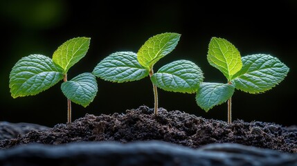 Three vibrant green seedlings sprouting from rich soil against a dark background.