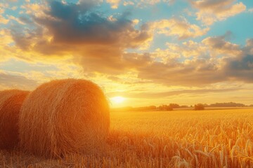 Wall Mural - Autumn field with haystacks at sunset or sunrise. Rural landscape.