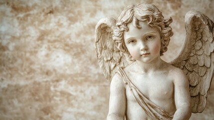 Cherubic angel statue with wings against a textured background.