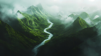Wall Mural - Aerial view of lush green mountains with misty clouds and winding river in a picturesque landscape. perfect for nature and travel photography. Misty. Illustration