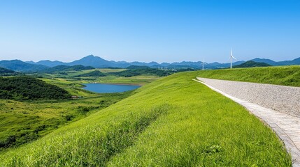 Sticker - Scenic path overlooking a lake and wind turbines in a grassy hill landscape under a clear blue sky.