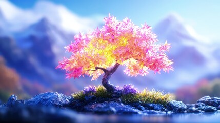 Wall Mural - Vibrant pink and yellow bonsai tree on rocks by calm water with mountains background.