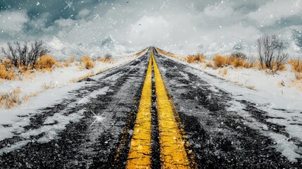 Canvas Print - Snowy road disappearing into mountains.