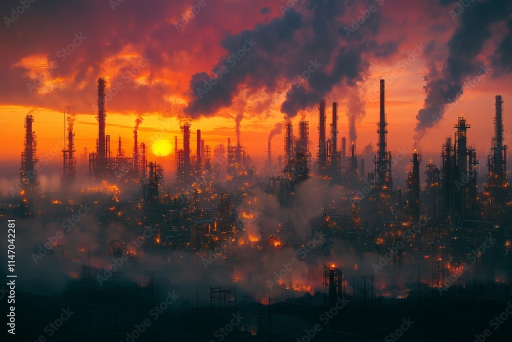 Illuminated oil refinery under dramatic sunset showcases industrial ...