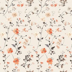 Aufkleber - Floral pattern design showcasing delicate flowers in shades of orange and beige on a light background. Generative AI