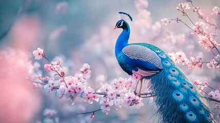 Majestic peacock perched on blossoming cherry tree branch. (2)