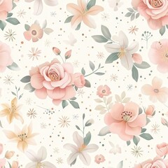 Aufkleber - Colorful floral pattern with various flowers and leaves on a light background. Generative AI