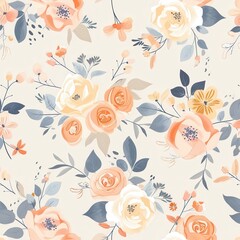 Aufkleber - Beautiful floral pattern with soft colors featuring roses and other delicate flowers set against a light background. Generative AI