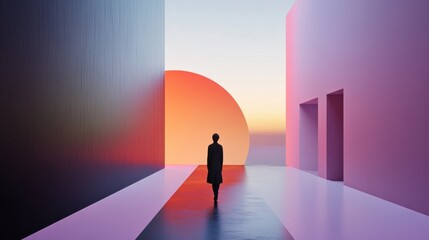 Fototapete - A visitor explores a digital gallery showcasing virtual artworks and avatars, illuminated by a vibrant sunset through architectural structures. Generative AI